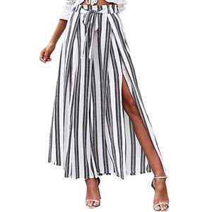 Striped Split High Waisted Belted Flowy Pants